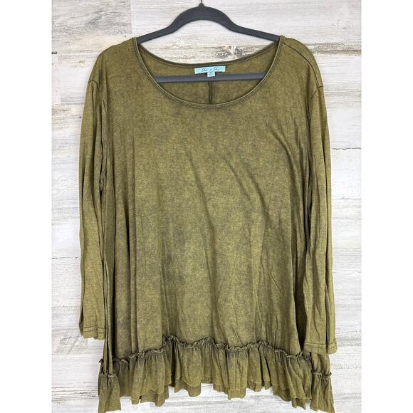 She & Sky Women's M Green Ruffle Hem Tunic Mottled Long Sleeve Boho Knit Top - Picture 1 of 4